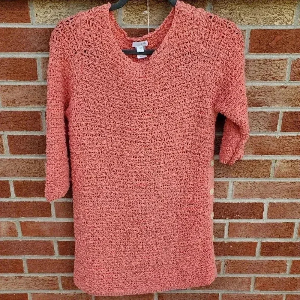 J. Jill Chunky Knit 3/4 Sleeve Button Side Coral Pink Sweater Women's Size Small